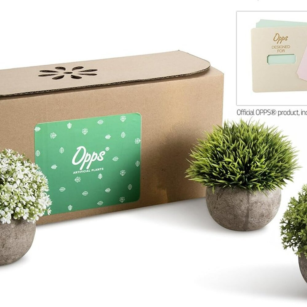 Artificial Plastic Mini Plants Unique Fake Fresh Green Grass Flower in Gray Pot - Picture 2 of 6